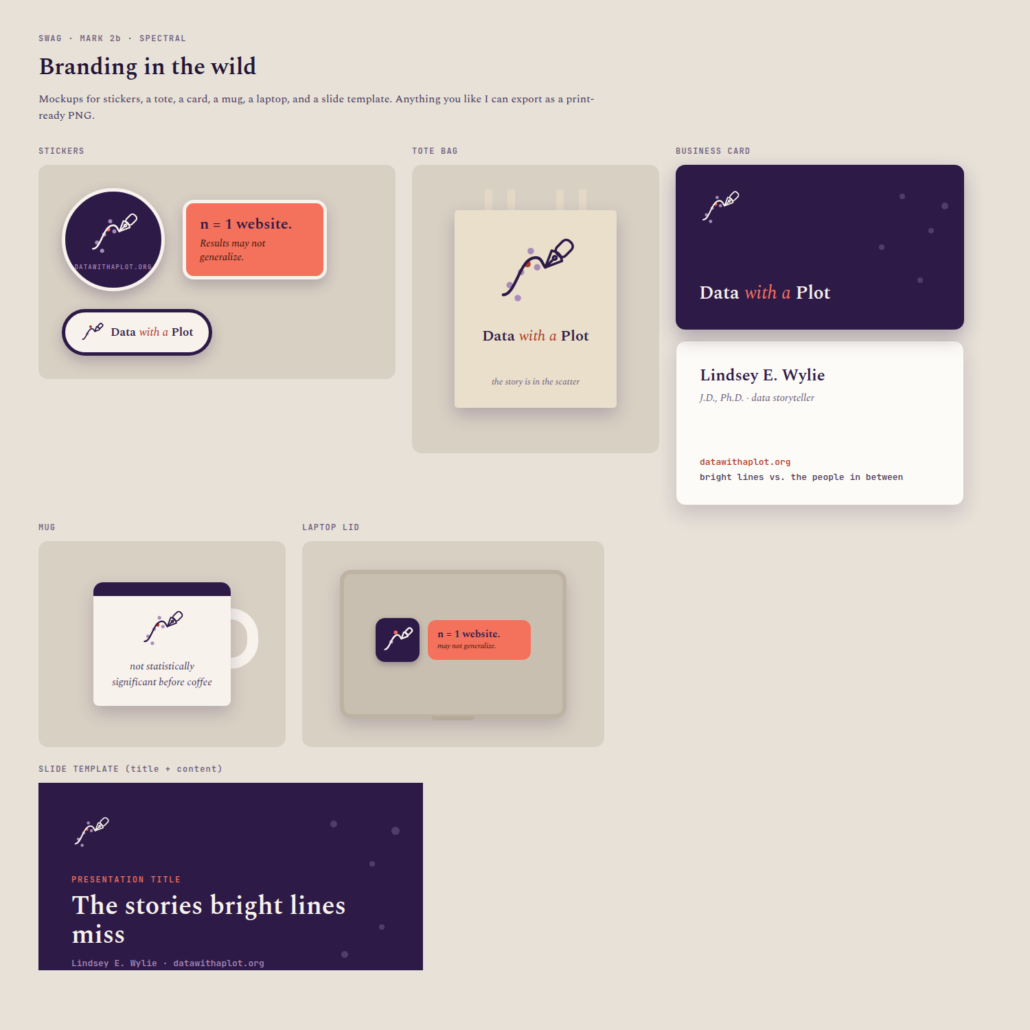 The Data with a Plot brand kit applied to a tote, business card, mug, laptop, and slide template