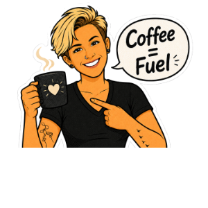 Sticker: the mascot holding a mug, 'Coffee = Fuel'