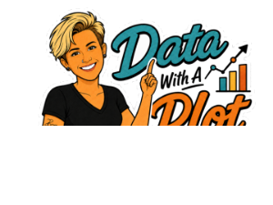 Sticker: the mascot beside the Data with a Plot wordmark