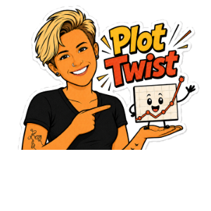 Sticker: the mascot and a little monitor, 'Plot Twist'