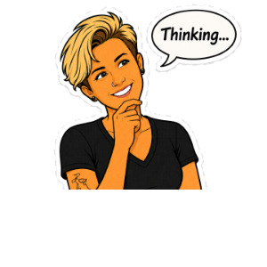 Sticker: the mascot thinking, 'Thinking...'